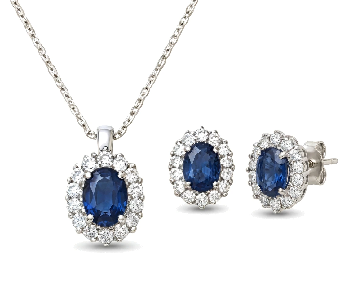 Juego de Zafiro Halo: Collar y Aretes — detalle