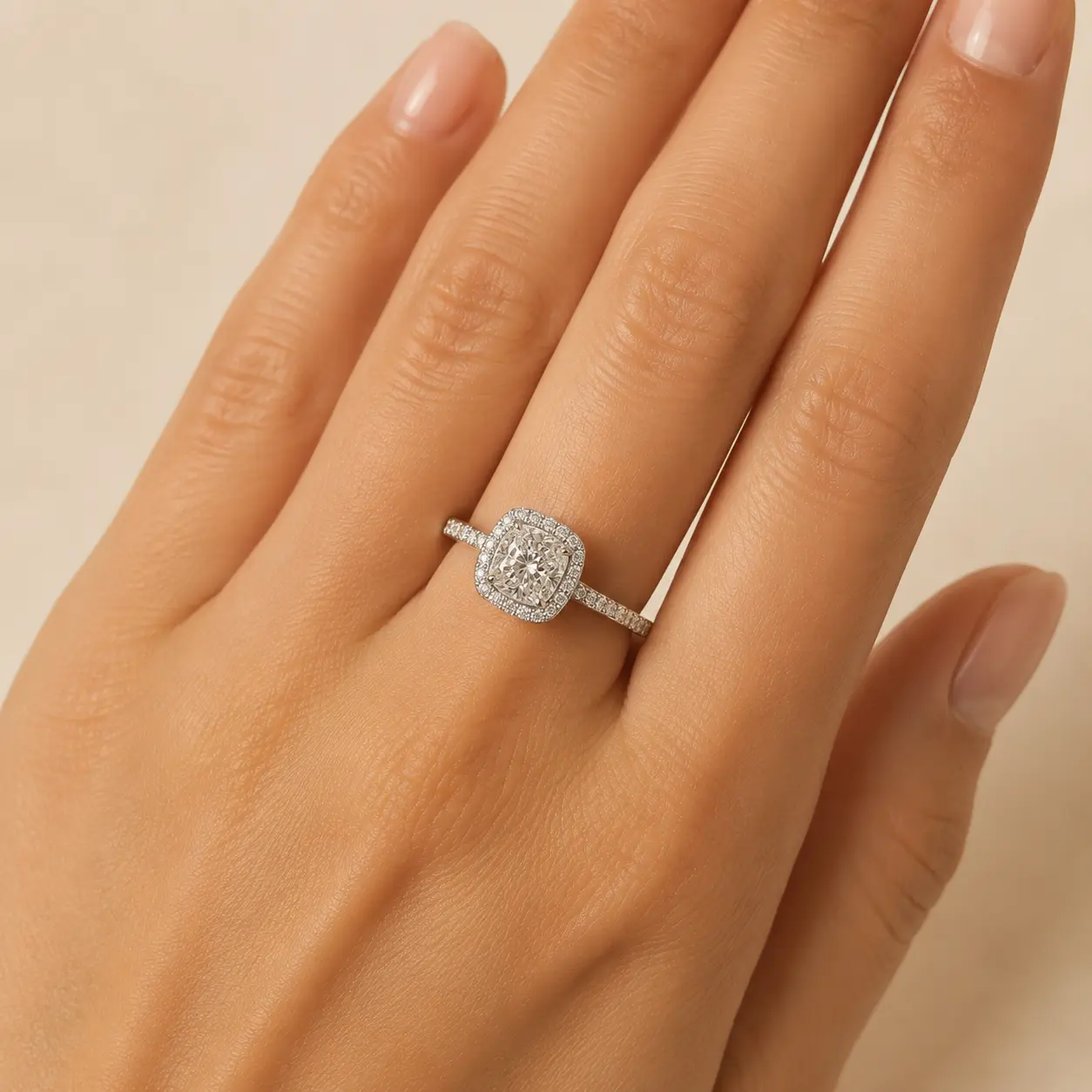 Anillo de Compromiso Cushion con Halo Clásico